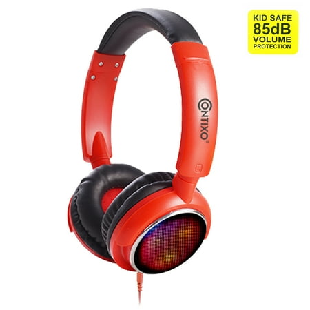Headphones For Cd Player Contixo Kids Safe Stereo Bluetooth Headphones with Volume Limiter Built in Colorful LED Lights, Microphone, FM Radio, MicroSD Card Player, 3.5mm Cable Music Streaming (Red) ()