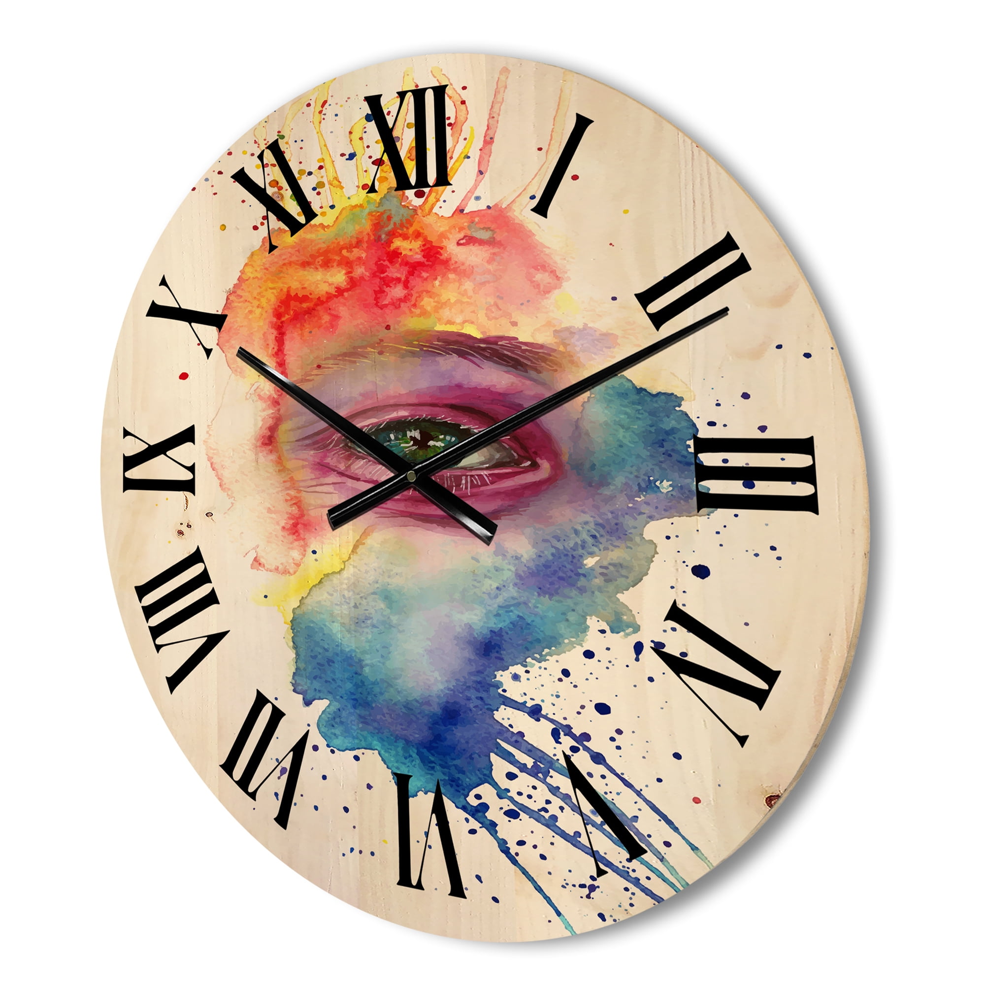 Designart 'Detail of Eye In Rainbow-Colored Face Portrait' Bohemian & Eclectic Wood Wall Clock