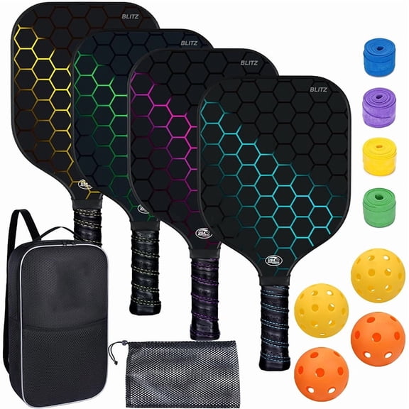 Pickleball-Paddles-Set of 4 Rackets, Pickle-Ball Equipment with Balls, Bag, Accessories, Fiberglass Graphite Pickleball Racquet Set for Men, Women, Kids, Adults