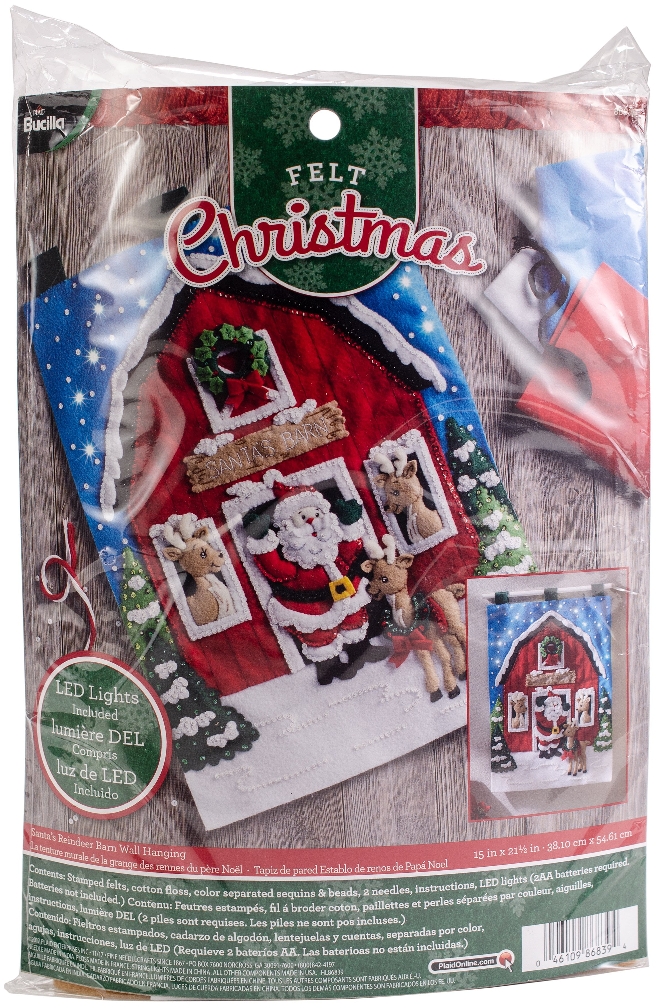 Bucilla Felt Wall Hanging Applique Kit 15"X21.5"Santa's Reindeer Barn