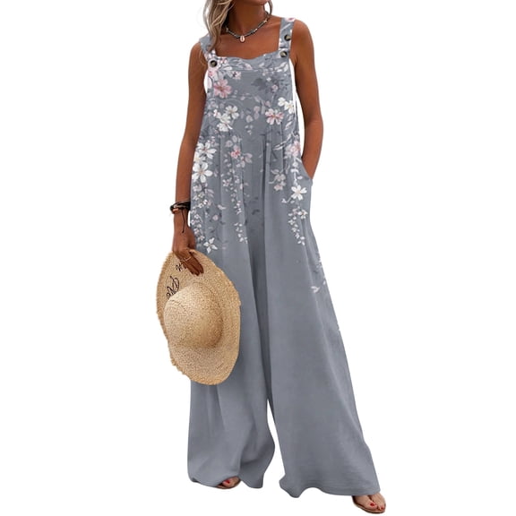 JULMCOMO Jumpsuits for Women Floral Print Wide Leg Casual Bib Overalls Square Neck Loose Fit Beach Summer Jumpsuits with Pockets Gray S