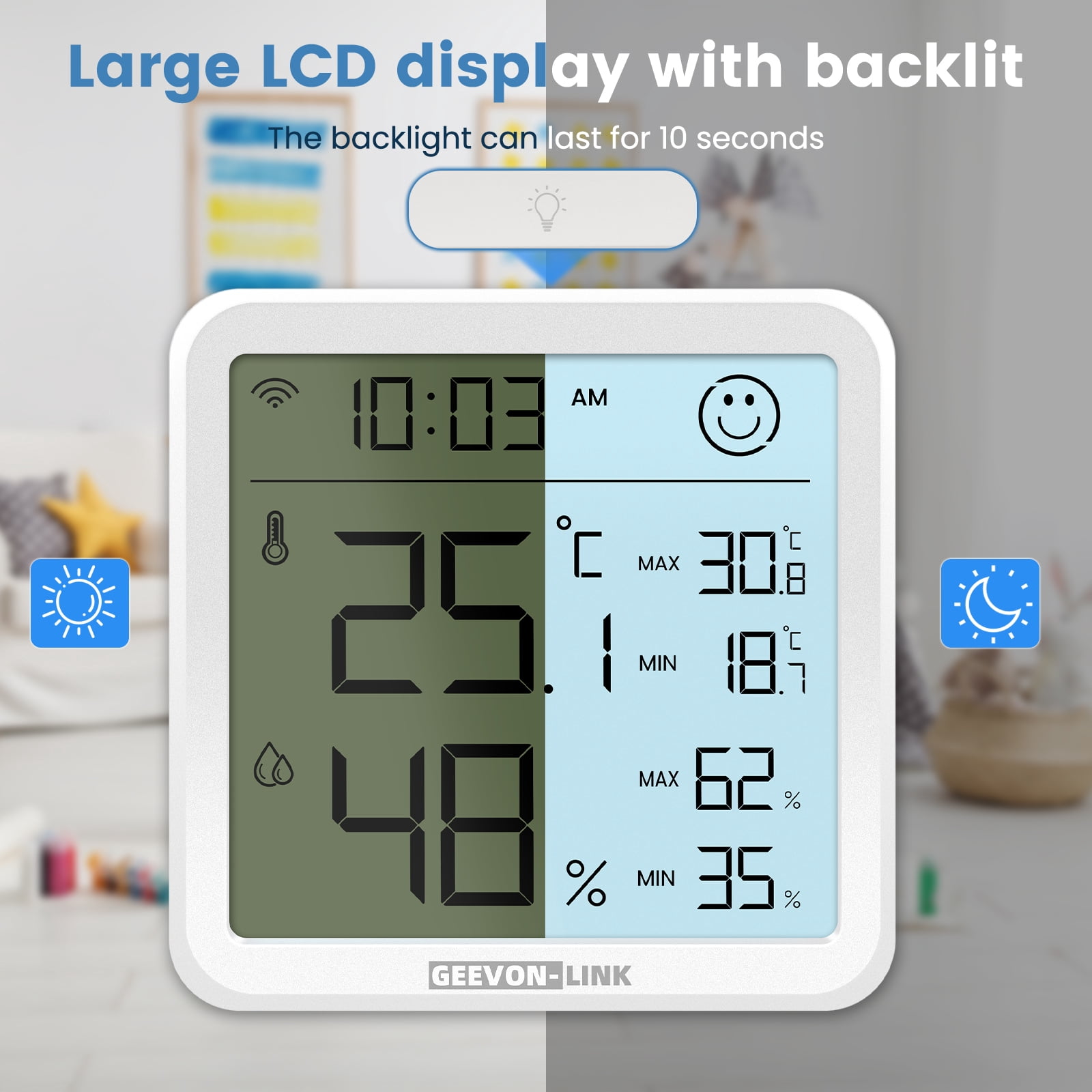 Geevon Indoor WiFi Hygrometer Thermometer, Bluetooth WiFi Humidity Temperature Gauge with Large LCD Display, with Max Min Records, Historical Data Storage and Export for Room Greenhouse(1 Pack )
