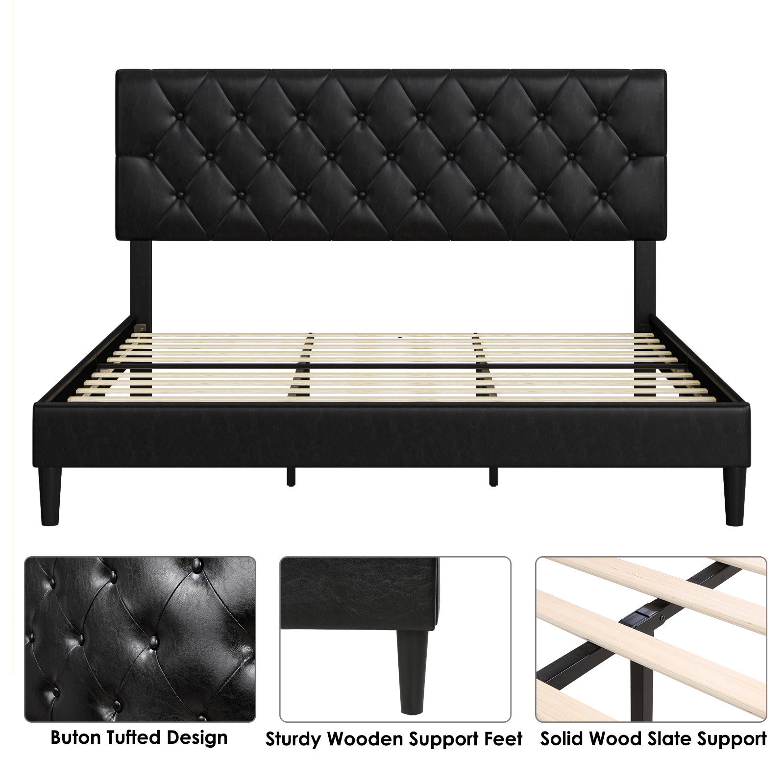 Homfa Full Size Bed, Black Faux Leather Upholstered Button, 51 OFF