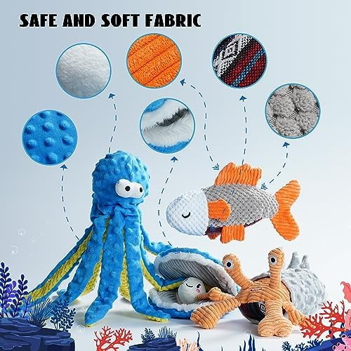 Crinkle Squeaky Octopus Dog Toy - Ocean Theme Stuffed Interactive Rope Toys for Small, Medium & Large Dogs, Durable for Aggressive Chewers (Crab)