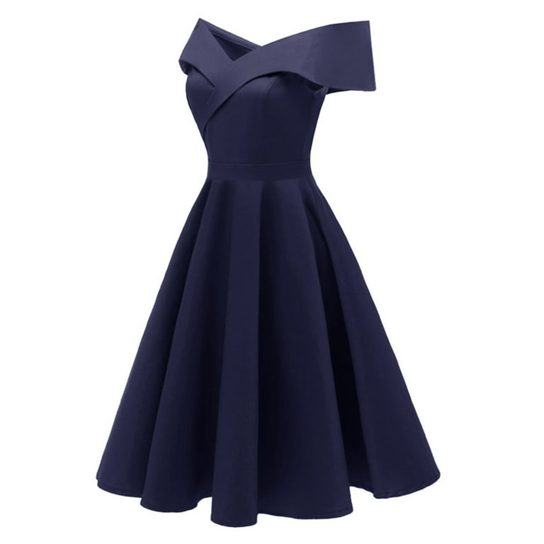 BEEYASO Clearance Summer Dresses for Women Mid-Length Fashion Printed Short  Sleeve A-Line V-Neck Dress Navy S 