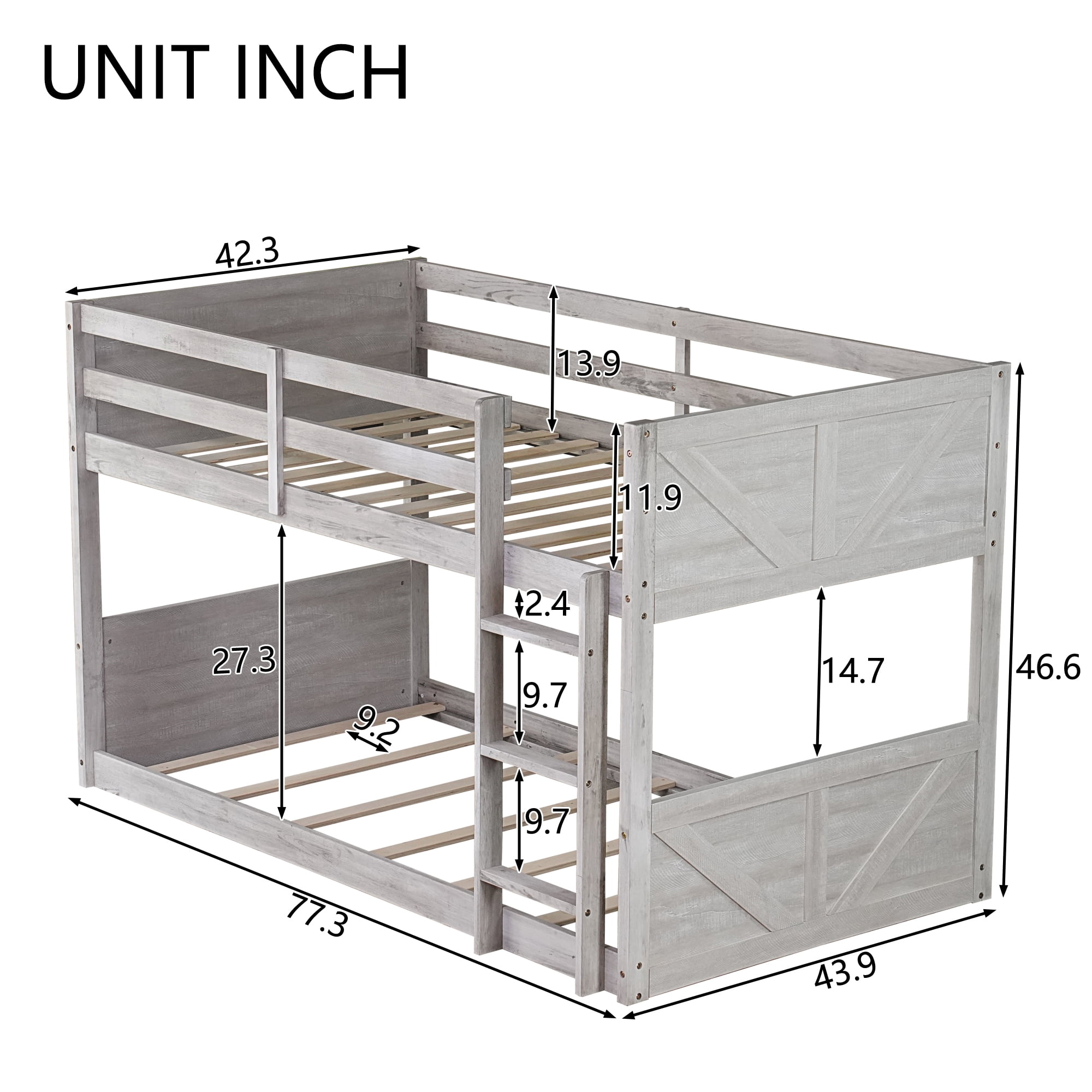 Sailvan Twin over Twin Floor Bunk Bed with Panelled Headboard, Solid Rubber Wood Foundation
