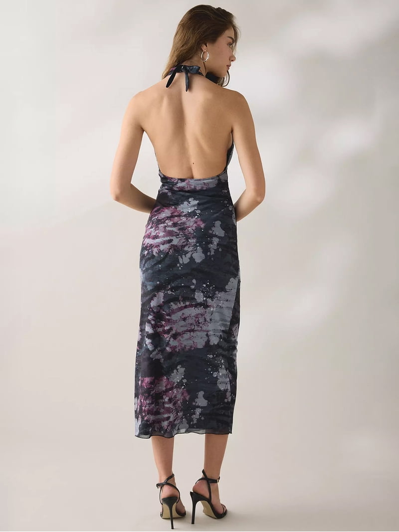 tie dye bodycon midi dress Women's Halter Deep V Backless Side Slit Mesh Dark Gray Color:Black/Rose Gold