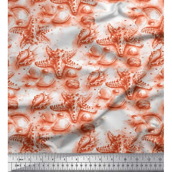 Soimoi Orange Japan Crepe Satin Fabric Shell & Starfish Ocean Printed Fabric 1 Yard 42 Inch Wide