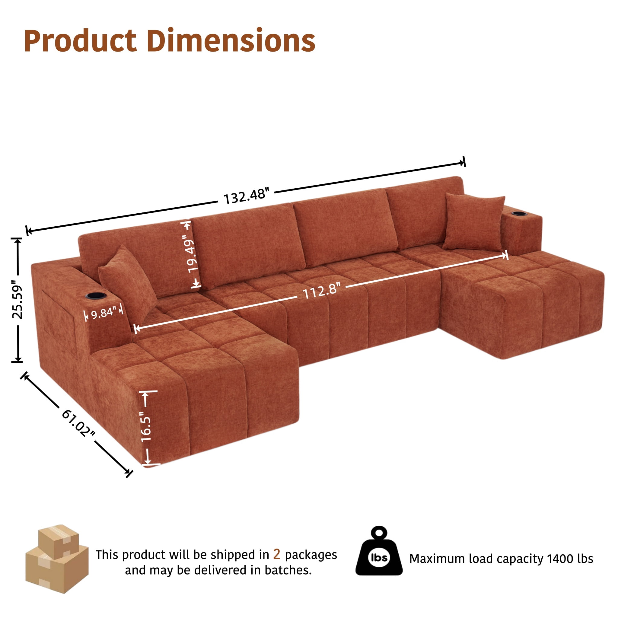 ShiKeyi 132.5" Modern U-Shaped Modular Sectional Sofa with Double Chaise, Premium Chenille Fabric Cloud Couch Set with Cup Holders & Storage Pockets for Living Room, Orange