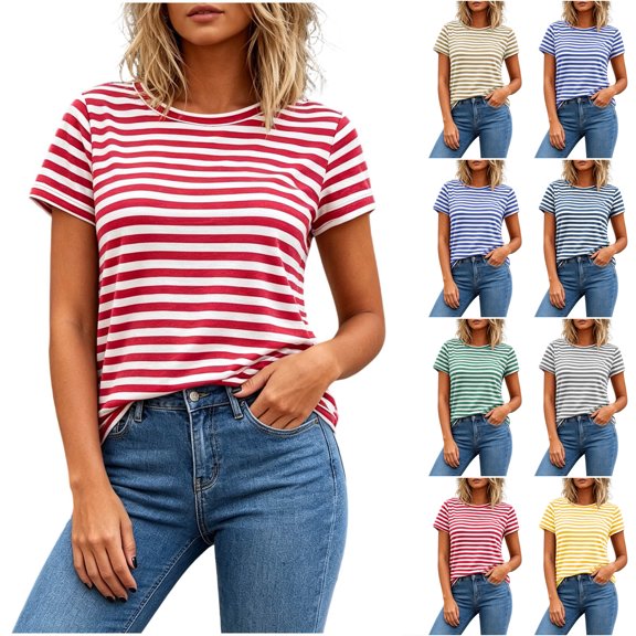 Otntypg Women's Striped Short Sleeve T-Shirt - Trendy Basic Athletic T-Shirts Loose Soft Crew Neck Casual Summer Tops for Work Weekend