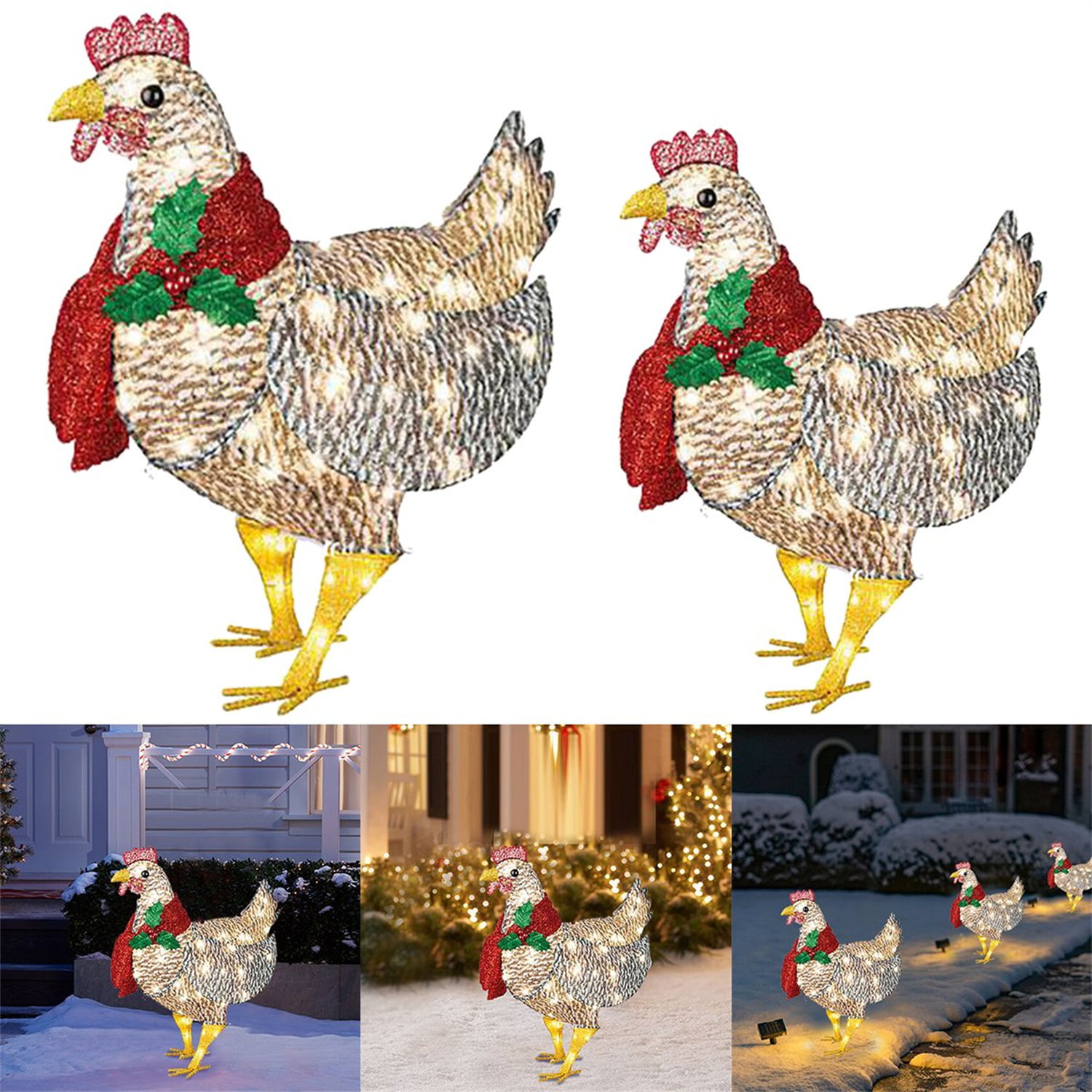 L Chicken Christmas Ornaments Solar Powered with 50 Mini Lights,Rooster Animals Statue Decor for Ground Christmas Outdoor Decorations Light-Up Chicken with Scarf Holiday Decoration