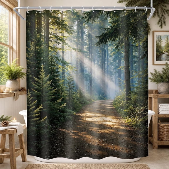 Pine Forest Shower Curtain Sunbeams Through Trees Woodland Nature Landscape Fabric Bathroom Curtain with Hooks 71x71 inches