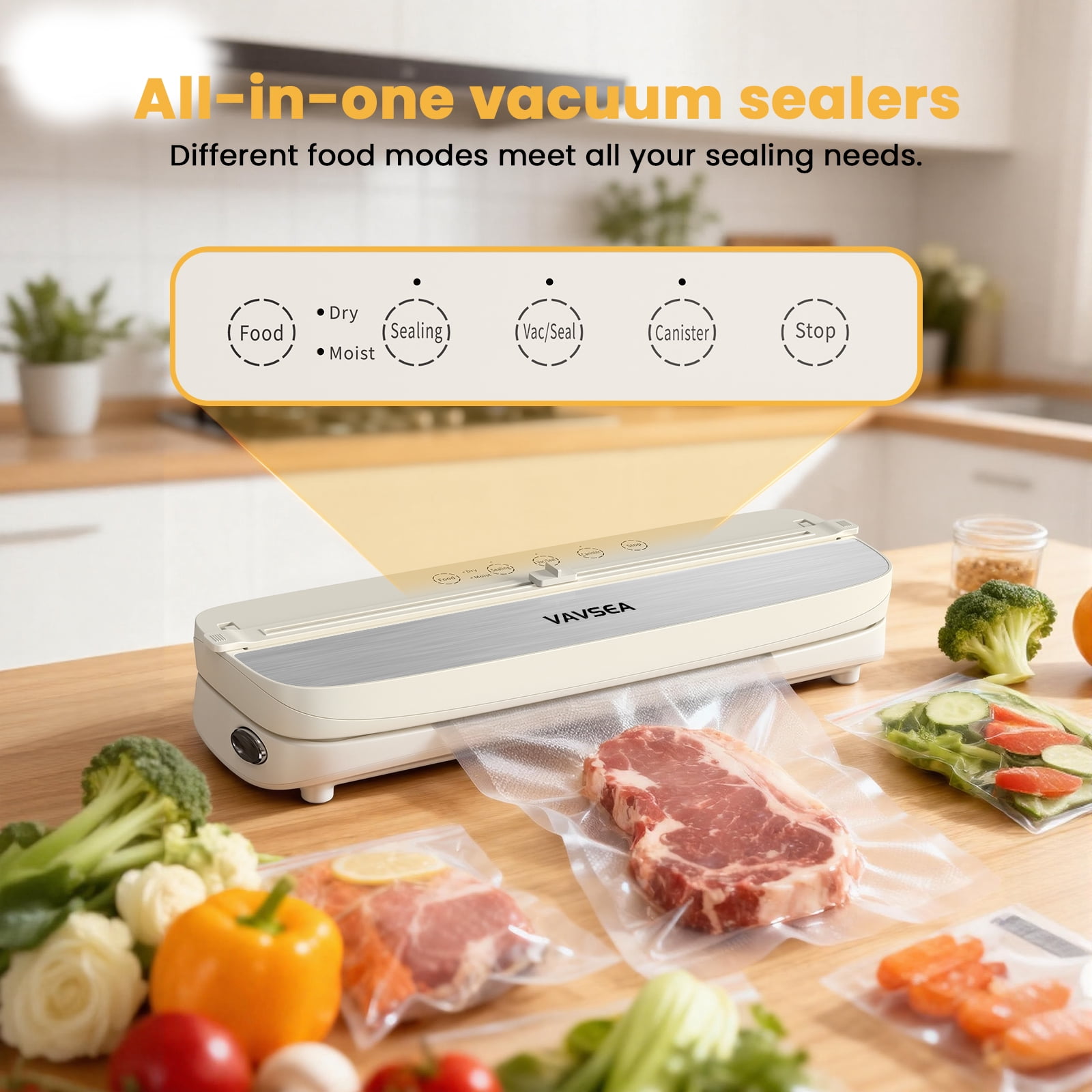 VAVSEA 75Kpa Vacuum Sealer with Bags, 1 Roll & 10Pcs Bags, Automatic Food Sealer Machine with 6-in-1 Dry/Moist Modes, Built-in 2 Cutters, Compact Lightweight for Meal Prep and Storage