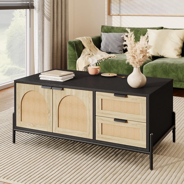QinaQin 2 Tier Coffee Table with Open Shelves, Modern Industrial Small Table with Rustic Wood Finish