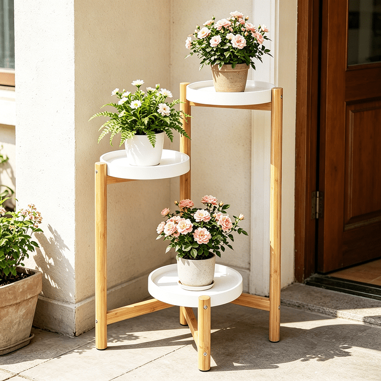 Wisfor Bamboo Plant Stand: 3 Tier with Plastic Tray for Indoor