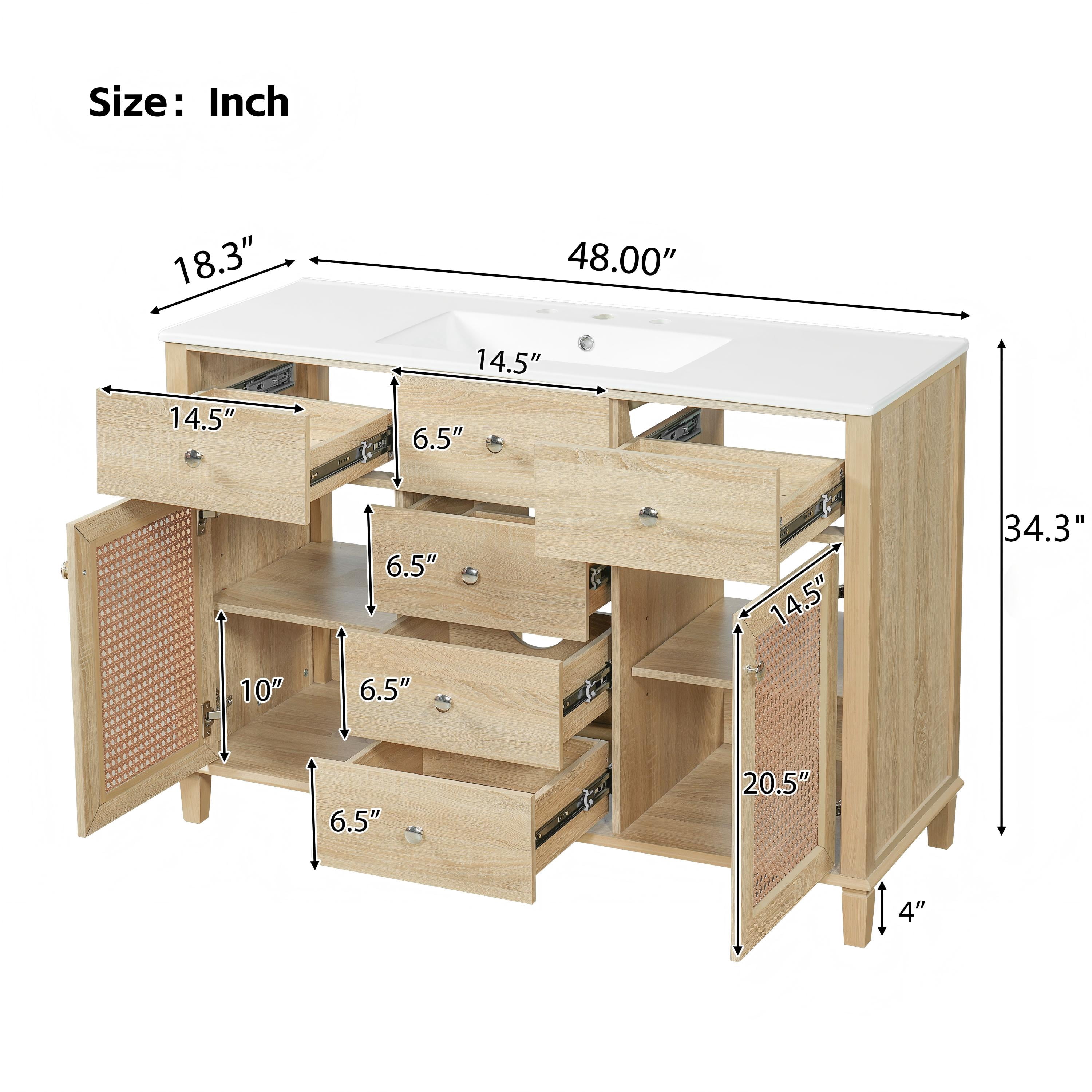 Mintazer 48 Inch Rattan Bathroom Vanity, Coastal Boho Single Sink Bath Cabinet with 5 Drawers & Soft Close Rattan Doors, Natural