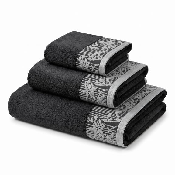 Superior Wisteria Floral Cotton 3 Piece Towel Set, Black