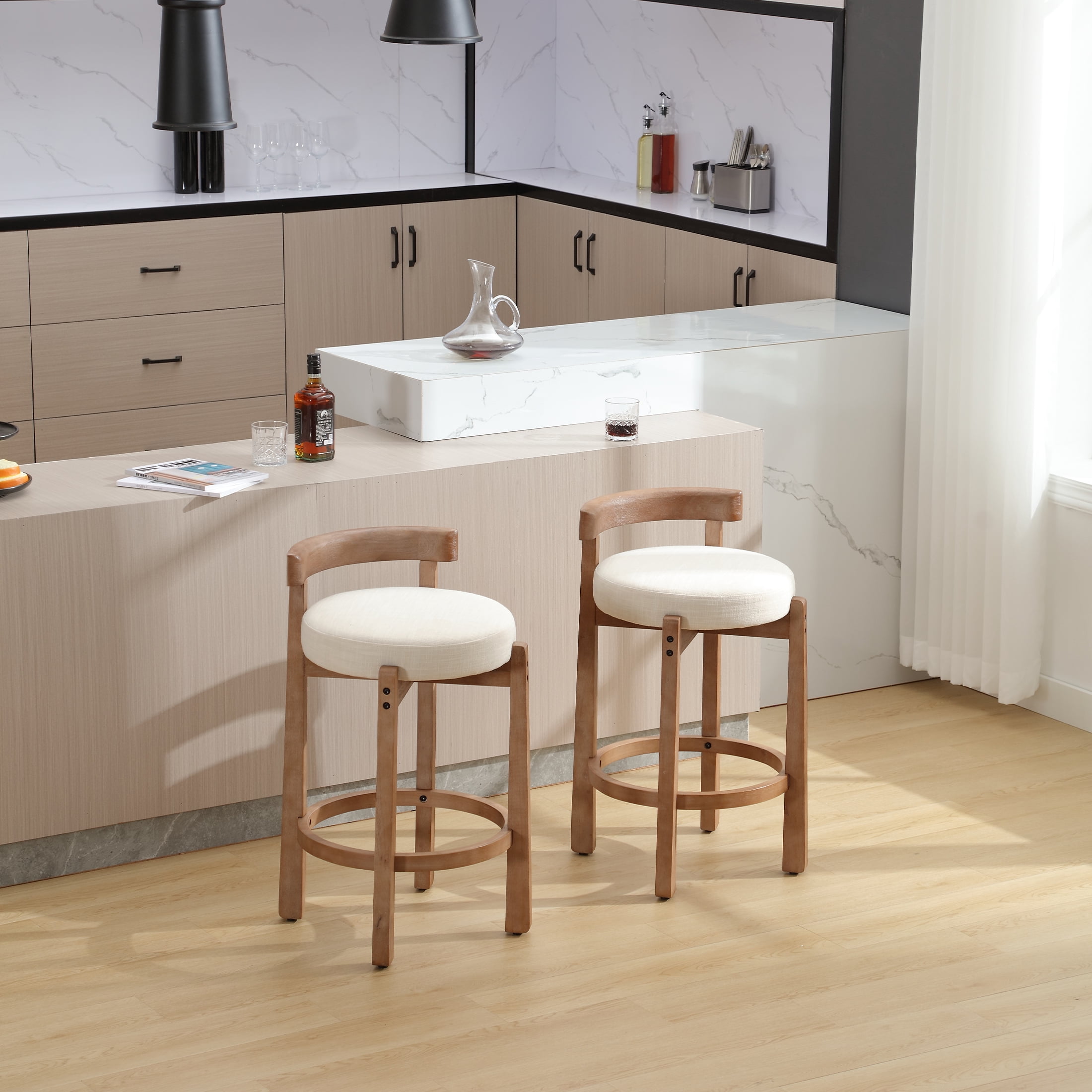 Guyou Counter Height Stools, Mid Century Modern 27" Armless Island Bar Stools with Curved Back and Wooden Frame, Round Kitchen Stools with Footrest for Restaurant Bar Kitchen Island, Beige