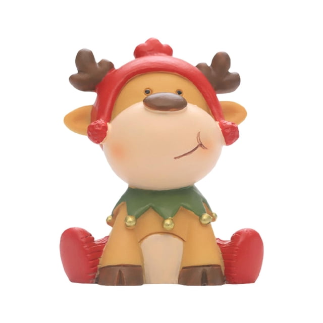 figuras de decoración navideña mayimx estatuilla de fiesta de animales para vacaciones Alce, estatuilla de resina frontal centrada; ciervo sentado con cuernos marrones, gorro rojo con borlas, mejillas sonrojadas, collar verde con pequeños cascabeles dorados y botas rojas sobre fondo blanco; adecuada como adorno de mesa o estantería en interiores.