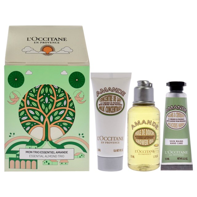 essential trio - almendra de loccitane para mujeres - 3 piezas de aceite de ducha de 1,1 oz - almendra, 0,6 oz de concentrado - leche de almendras, 0,3 oz delicios hands - almendra set con caja decorativa verde; vista frontal sobre fondo blanco con caja ilustrada a la izquierda, tubo blanco de 0.6 oz de concentrado de leche de almendra, botella transparente amarilla de 1.1 oz de aceite de ducha con dosificador plateado y tubo verde de 0.3 oz de crema para manos L'Occitane; también adecuado como set de viaje compacto.