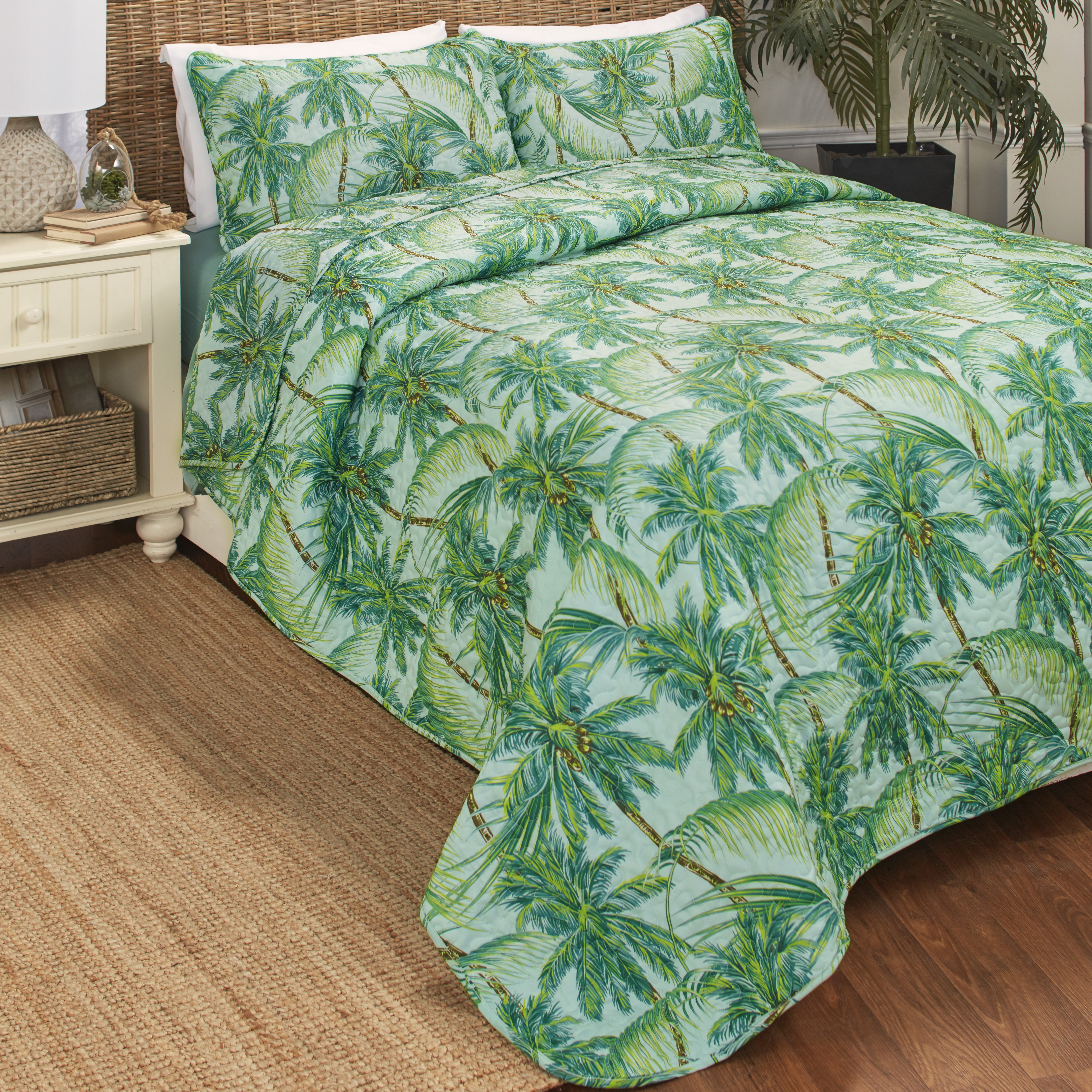 Palm Tree Bed Quilt Set with Pillowcases - Tropical ...