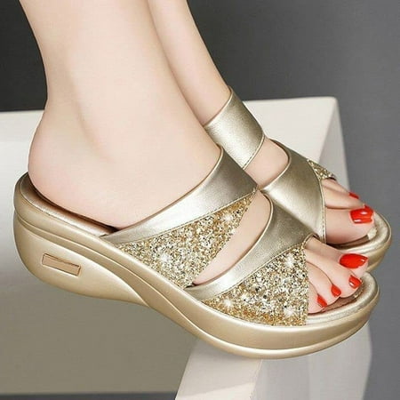 

Summer Glitter Pu Wedge Platform Comfortable Sandals for Women (5 Gold)
