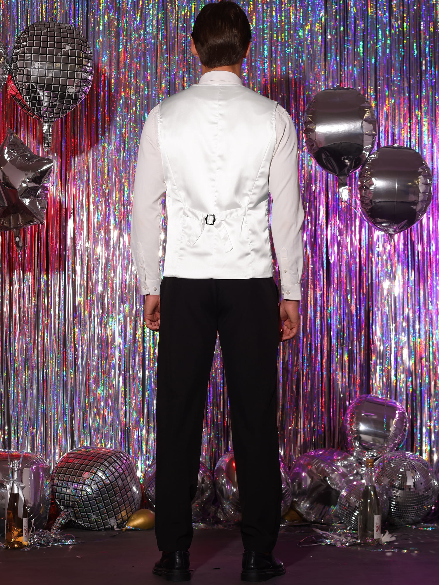 Unique Bargains Men's Disco Shiny Sequin Vest Suit Waistcoat Set with Bow Tie M Champagne