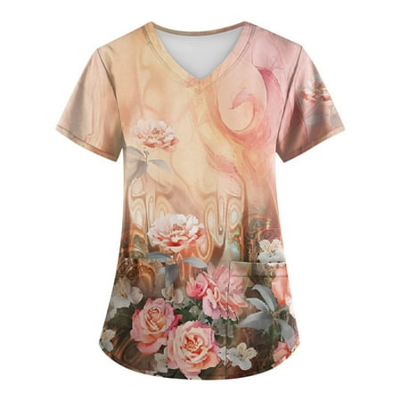 

Royallove Womens Shirts Plus Size Retro Flower Printed Scrub Working Uniform Tops For Women Cross V-Neck Short Sleeve Fun T-Shirts Workwear Tee With Pockets