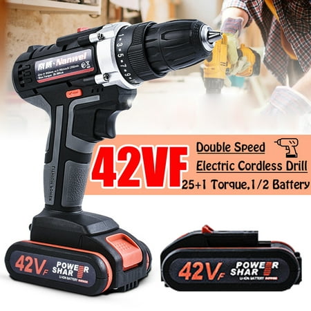 42V Cordless Drill Hammer Rechargeable Electric Impact Wrench Electric Screw Driver 2 Speed, 25 + 1 Torque LED Light with 1 or 2
