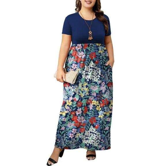 Mengpipi Womens Plus Size Floral Maxi Dress Short Sleeve High Waist Summer Casual Dress with Pockets M-5XL