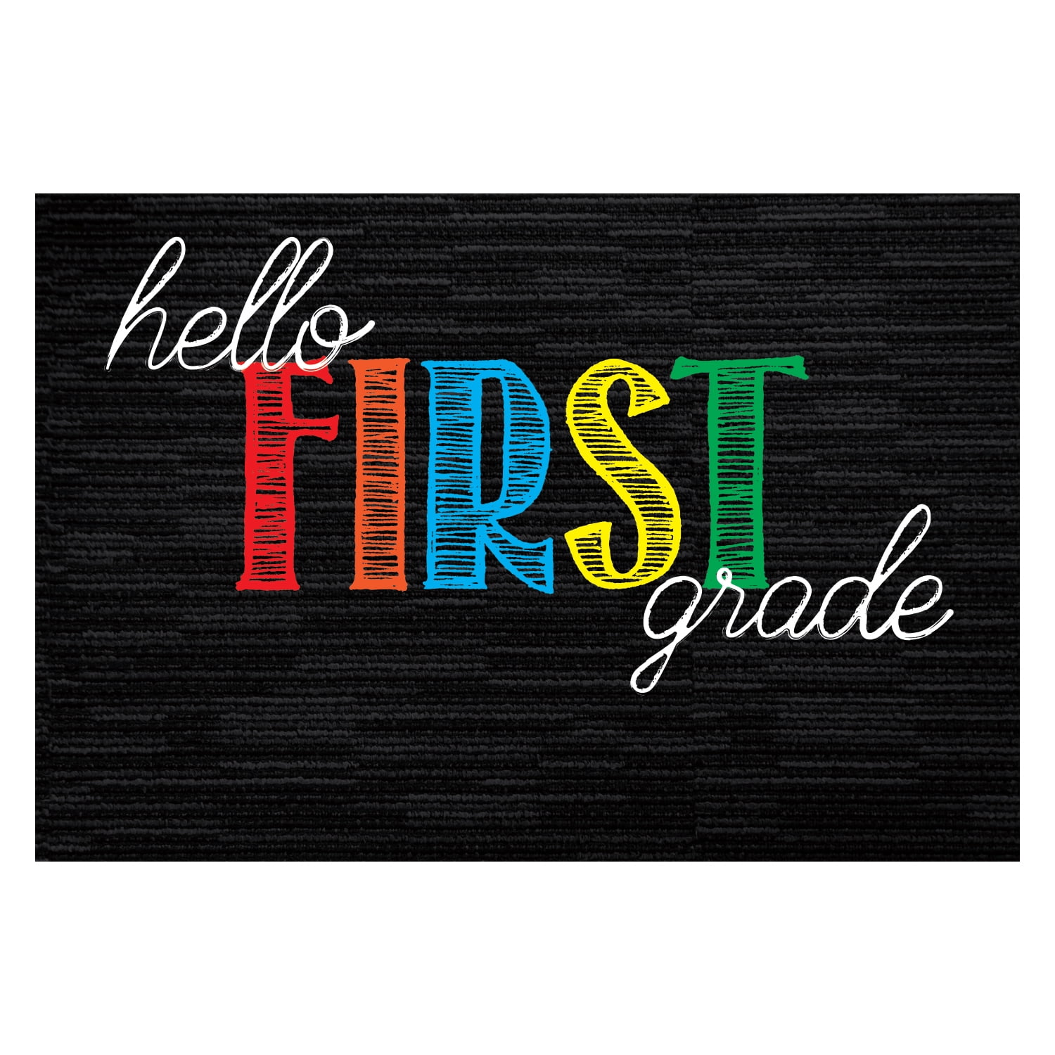 Personalized Planet 27x18 Hello First Grade Doormat with Custom Teacher Name Printed on Black Rectangular 1/8” Thick Non Slip Mat for School Classroom or Home