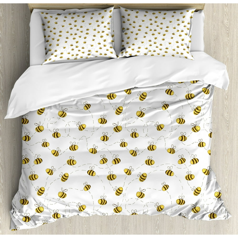 Bee King Size Duvet Cover Set, Simplistic Illustration of Buzzing and