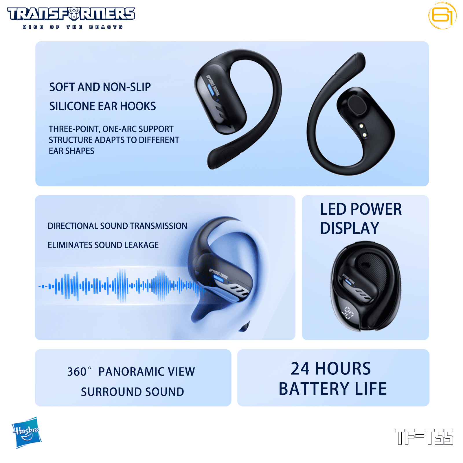 Transformers TF-T55 Open-Back Bluetooth Wireless Earbuds, Sleek Wing-Like Design Passive Noise Cancelling In-Ear Cool HiFi Calling Dual Modes Sports Earphones LED Display – Beige Airazor