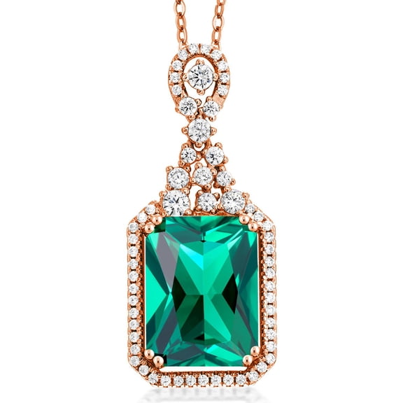 Gem Stone King 7.10 Ct Emerald Cut Green Nano Emerald 18K Rose Gold Plated Silver Pendant