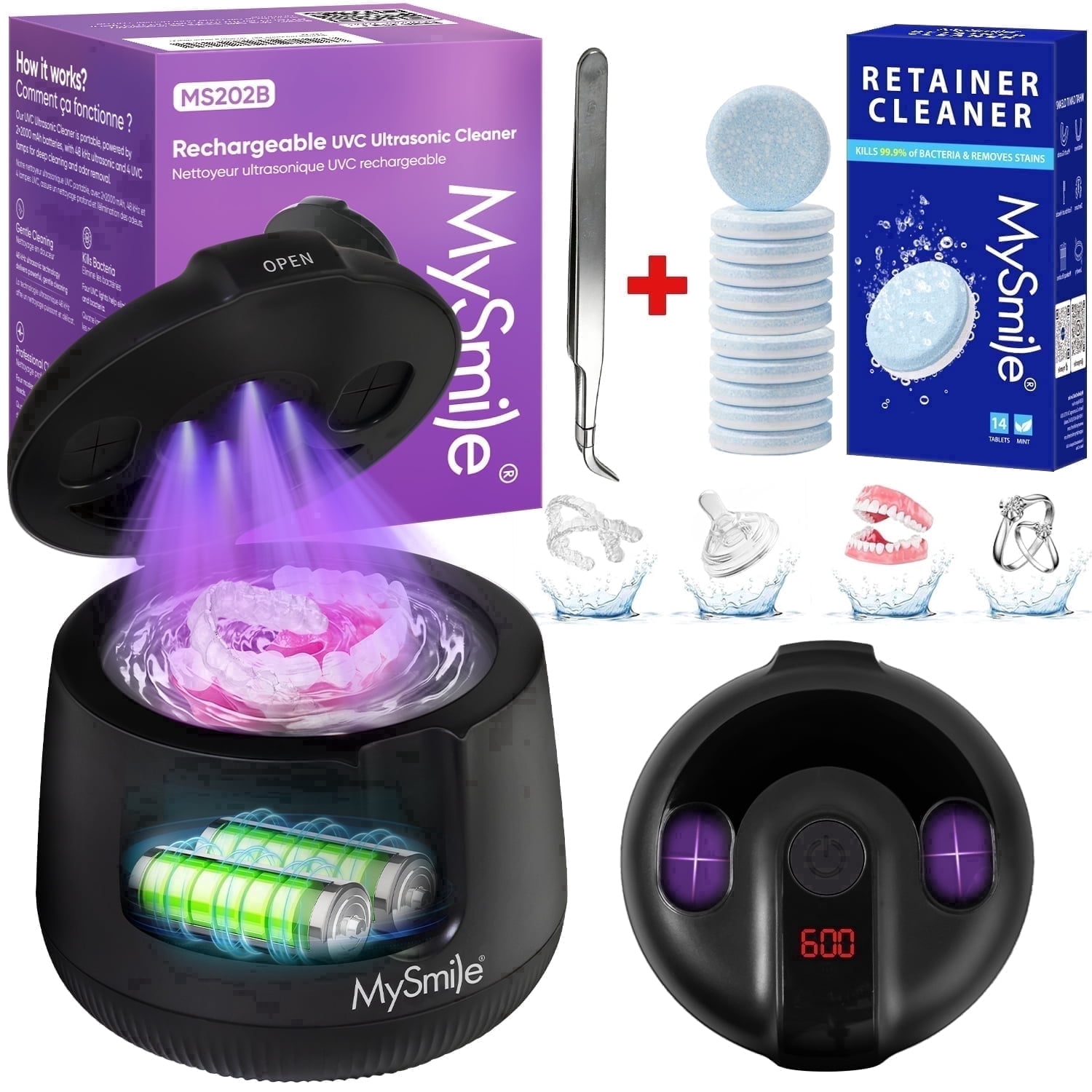 MySmile 48kHz Rechargeable Ultrasonic Retainer Cleaner UVC Sterilizer Machine Dental Cleaning Pod for Denture Cleanser, Invisalign Aligner, Braces, Mouth Guard,Jewelry, 4 Modes