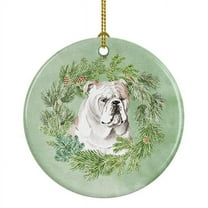 Bulldog Fawn Christmas Wreath Ceramic Ornament 2.8 in x 2.8 in