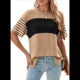 thumbnail image 1 of Blusas de Verano para Mujer, de Gran Tamaño, con Cuello Redondo, Informales, A Rayas y Bloques de Color, Color Caqui, Talla XL, 1 of 9