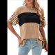 thumbnail image 1 of Blusas de Verano para Mujer, de Gran Tamaño, con Cuello Redondo, Informales, A Rayas y Bloques de Color, Color Caqui, Talla L, 1 of 9