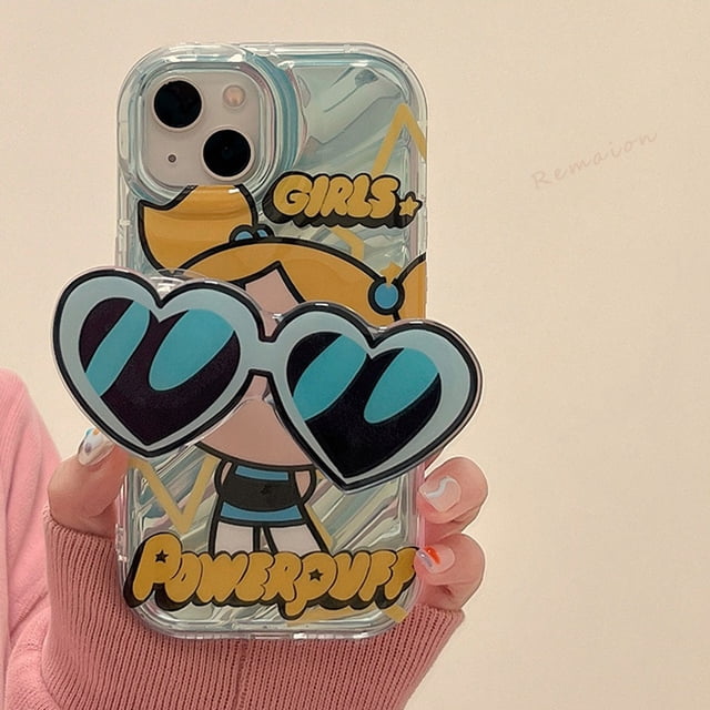 Powerpuff Girl Stand Holder Funda De Teléfono Para IPhone 11 13 14 12 Pro MAX X XR XS 6 6S 7 8 Plus SE 2020 11Pro 14Plus Silicona Suave Protector A Prueba De Golpes Transparente Laser Wave Cubierta