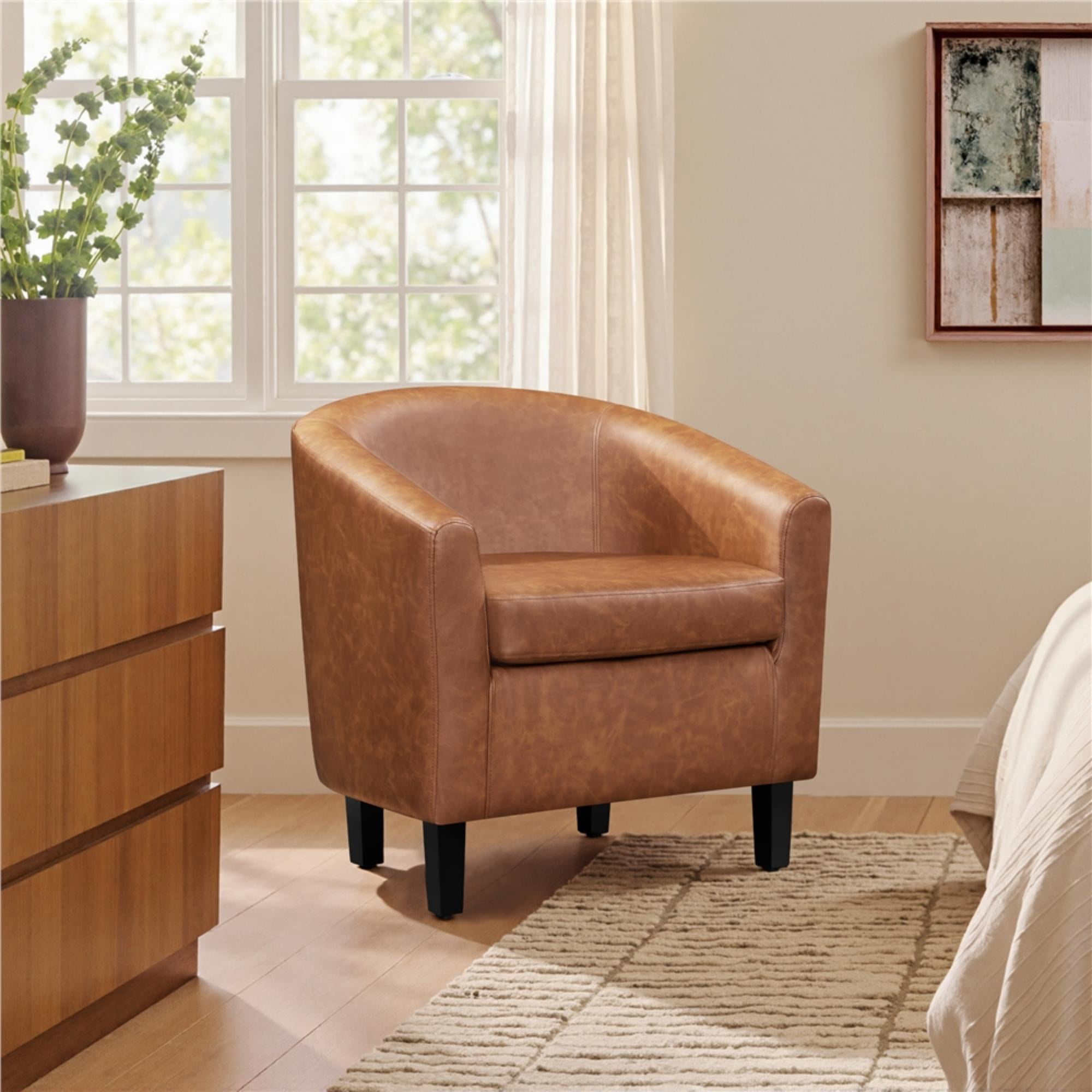 Renwick Faux Leather Barrel Accent Chair for Livingroom, Brown