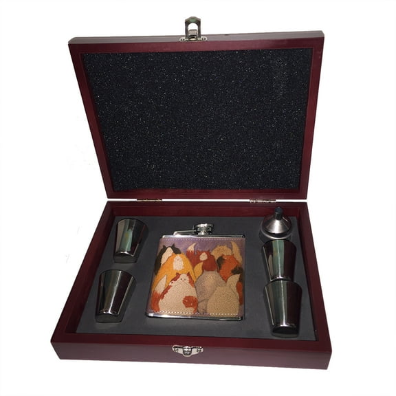 KuzmarK 6 oz. Leather Flask Set in Rose Wood Presentation Box -  Eight Colorful Maine Coon Kitties Abstract Cat Art by Denise Every