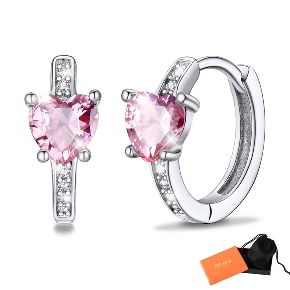 Pendientes de aro de plata de ley con piedras natales Silvora para mujer. Diamantes creados. Delicada joya de regalo para cumpleaños o Navidad