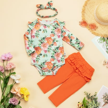 

Mijaja Baby Girls 3PCS Floral Outfits Ruffle Romper Pants Headband Clothes 0-3M-12M