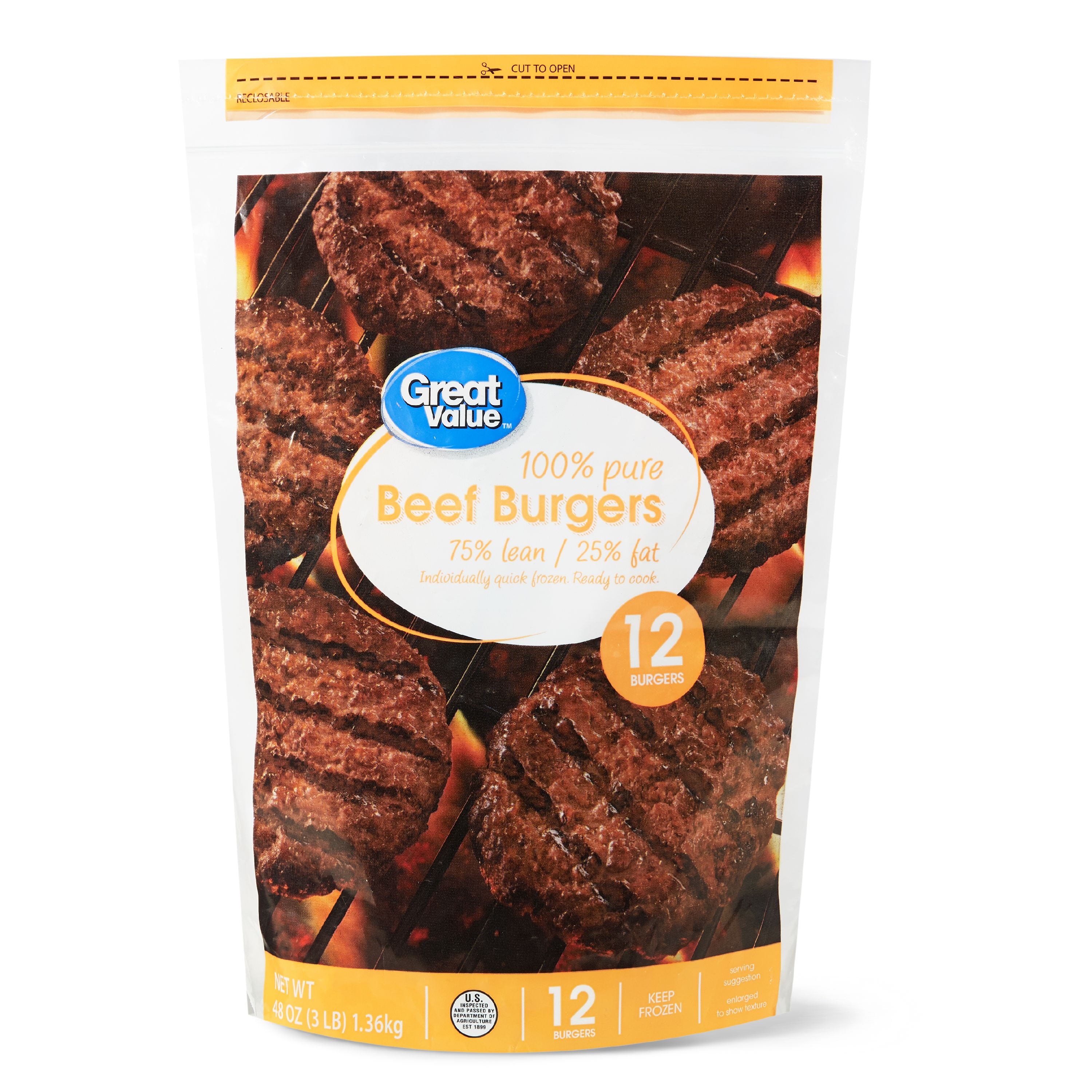Great Value Beef Burgers, 75% Lean/25% Fat, 12 Count, 3 lbs (Frozen)