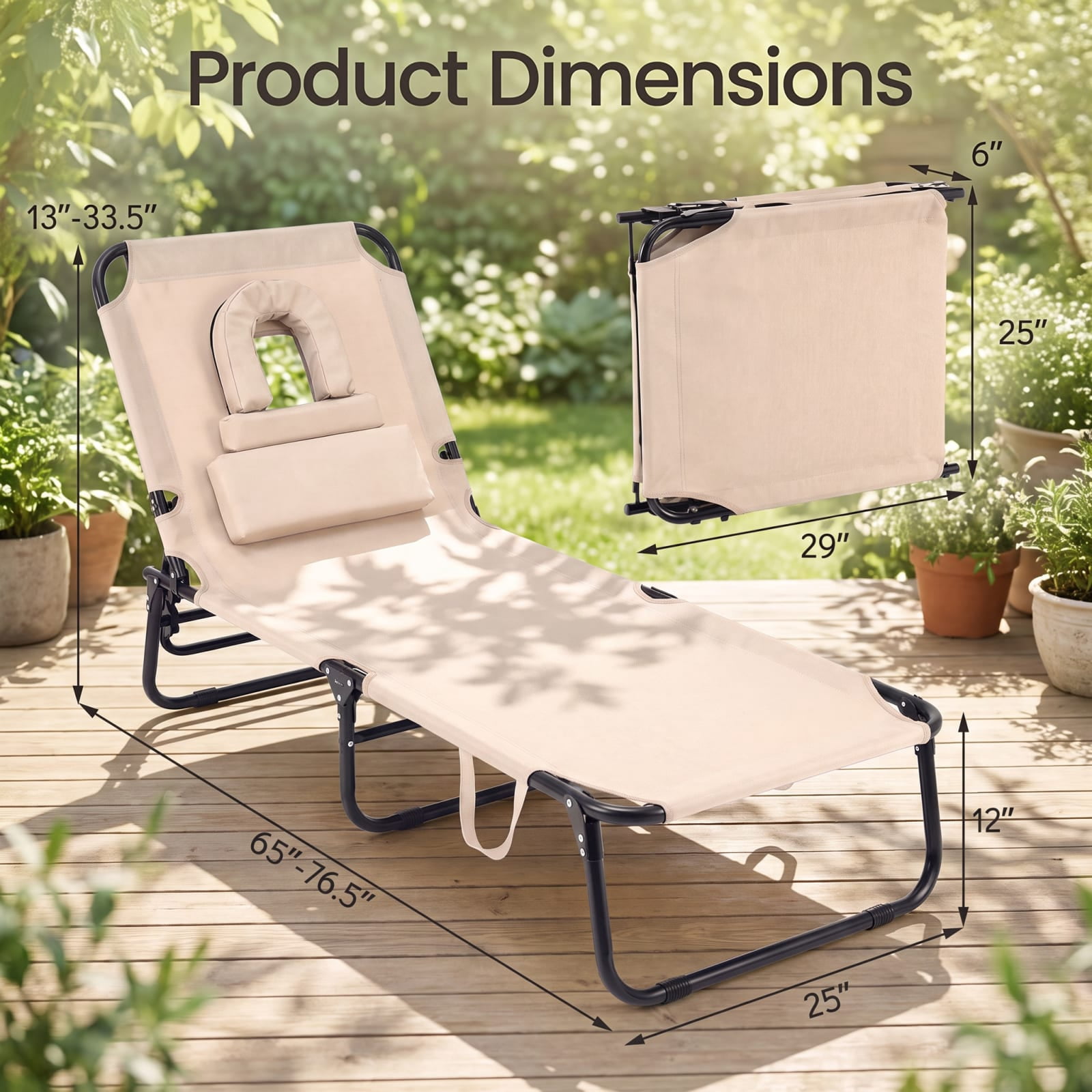 Furnibear Folding Patio Chair Solid Metal for Patio Porch Poolside Beige 330 lbs Capacity Weather-Resistant Outdoor Furniture