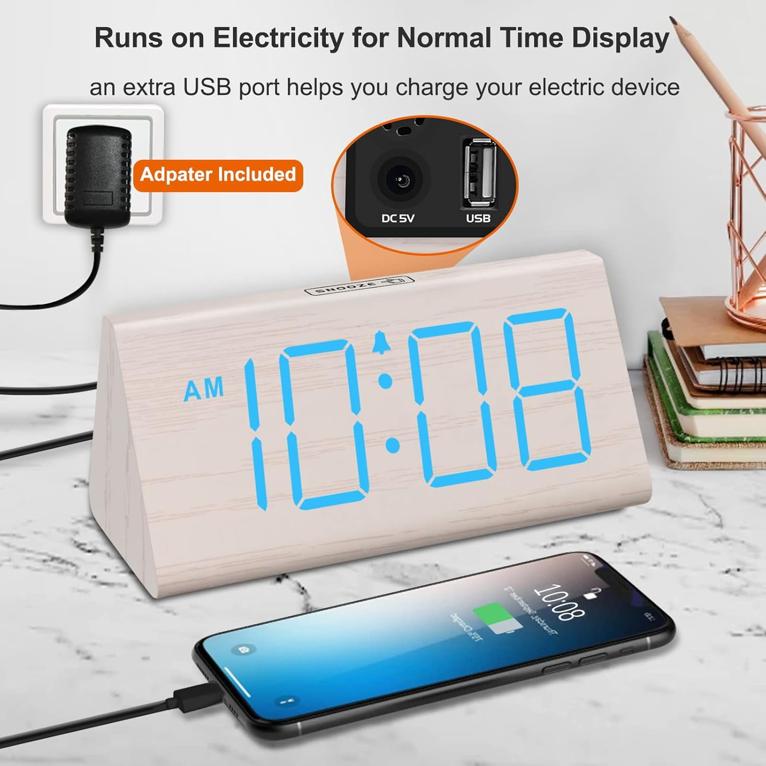 Wooden Digital Alarm Clocks for Bedrooms - Electric Desk Clock with Large Numbers, USB Port, Loud Alarm for Heavy Sleepers, Adjustable Volume, Dimmer, Snooze, DST, Wood Décor, Adapter Powered