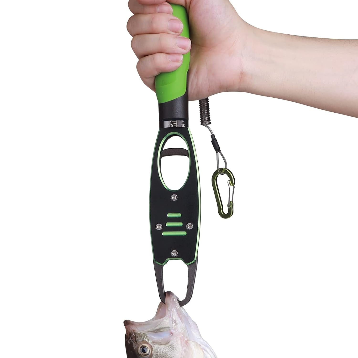 ABCISI Fish Lip Gripper With Scale, 2 in 1 Aluminum Alloy Grabber with High Elastic Hand Rope, Ergonomically Design Professional Fishing Tool Kit for Men, Blue