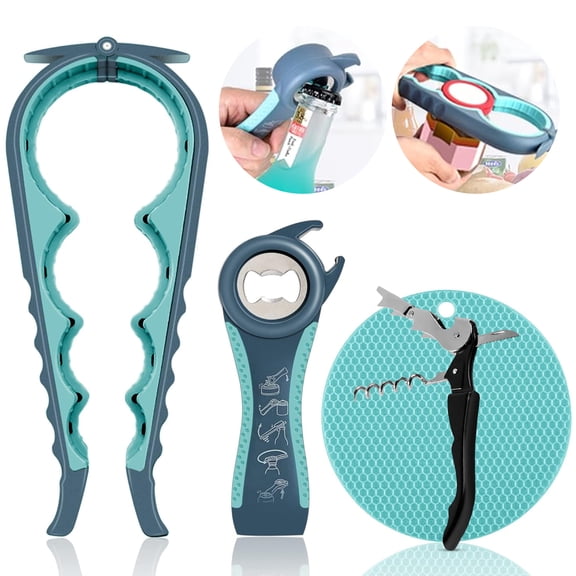 Cheer Collection Multi-Tool Jar & Bottle Opener Kit with Adjustable Jar, Wine, 5-in-1 Bottle Opener & Gripper Pad