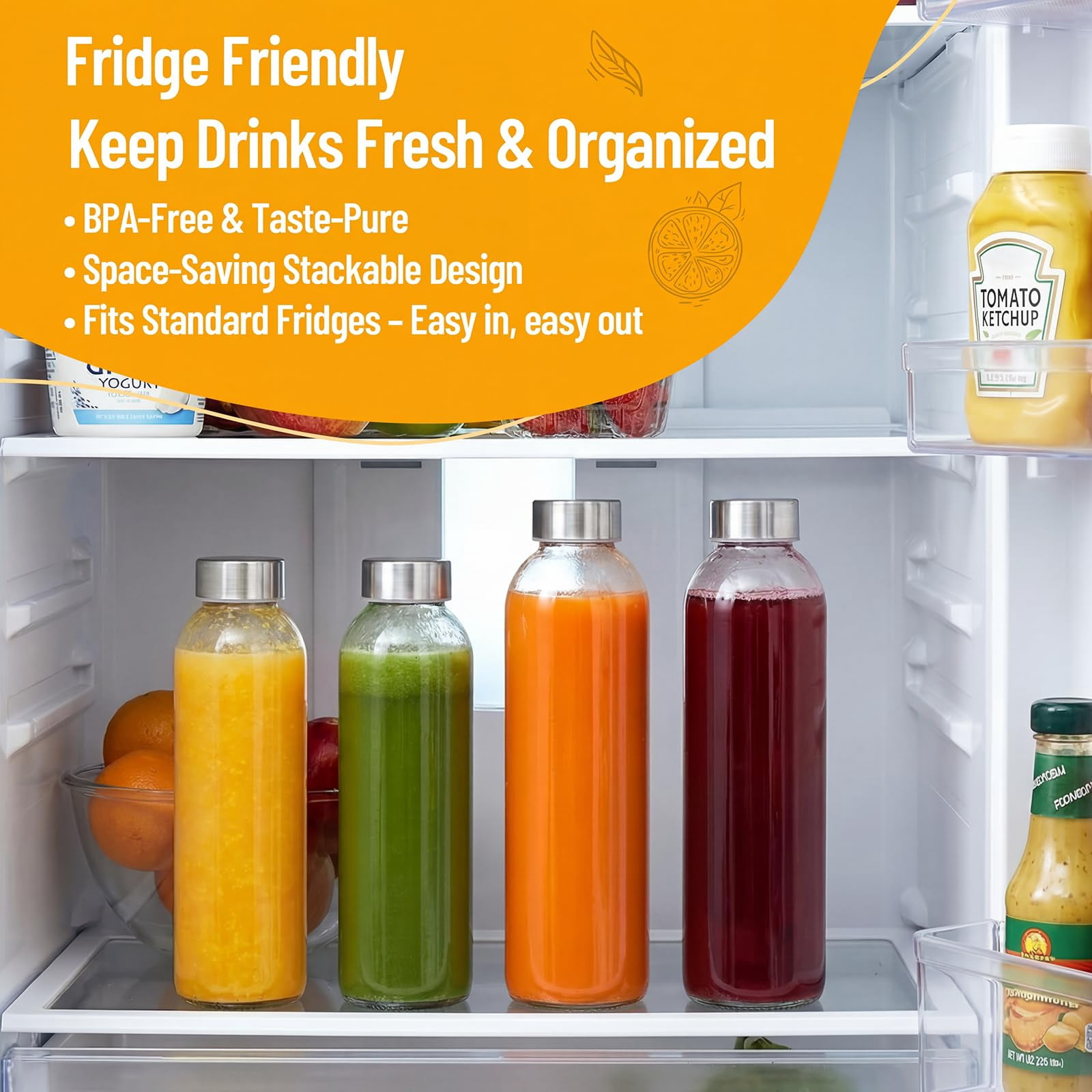 Set of 10 Clear Glass Bottles, with Lids 18 oz Reusable Water, Bottles Stainless Steel Cap Juicing Refrigerator Leak Proof BPA Free