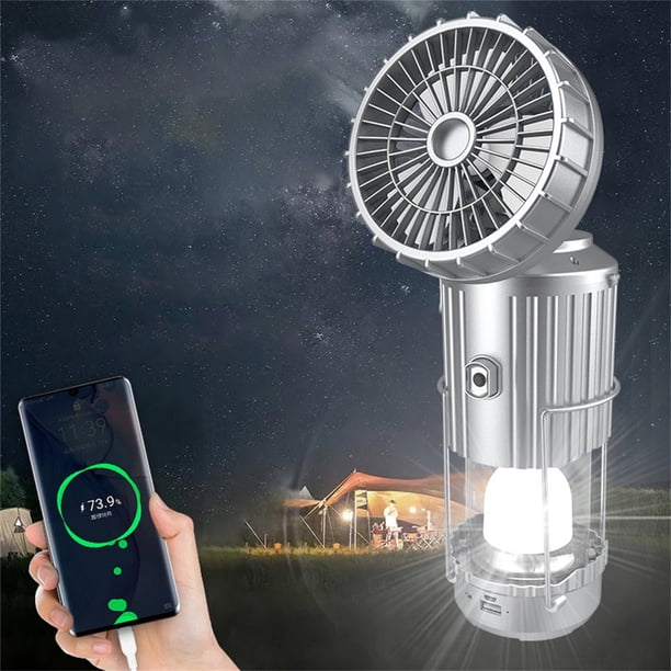 Lámpara portátil de ventilador para acampada con carga solar - Lámpara de tienda exterior 6 en 1 para senderismo, energía de emergencia y diseño plegable